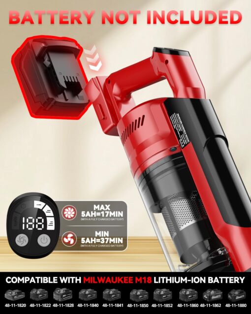 350W Cordless Vacuum Cleaner for Milwaukee M18 Battery, 35kPa Brushless Lightweight Stick Vacuum with 3 Mode Suction, 6 in 1 Stick Vacuum Cleaner with HEPA for Floor, Carpet, Car, Battery Not Included - Image 8