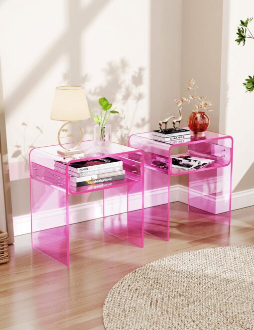 solaround Clear Acrylic End Table 2-Tier Bedside nightstand for Living Room Bedroom Home Decor (Pink Double) - Image 5