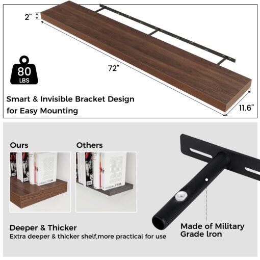 Large Floating Shelves for Wall, 72"W x 11.6"D x 2"H, 1 Pack of Long Wall Mounted Engineered Wood Shelves with Invisible Brackets for Living Room Bedroom Bathroom Kitchen Decor and Storage, Walnut - Image 6