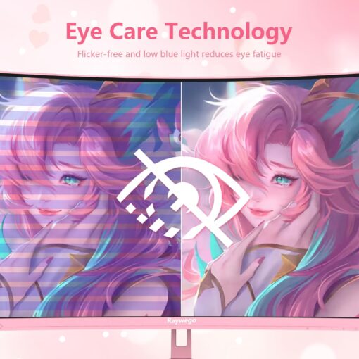 Raywego Pink 27 inch Curved Gaming Monitor 180Hz,QHD 1080P,1800R LED Display,Pink Computer Monitor,1ms (MPRT),FreeSync,Eye-Care Technology, DP, HDMI Port for Gaming Home Office,VESA(100mm*100mm) - Image 4