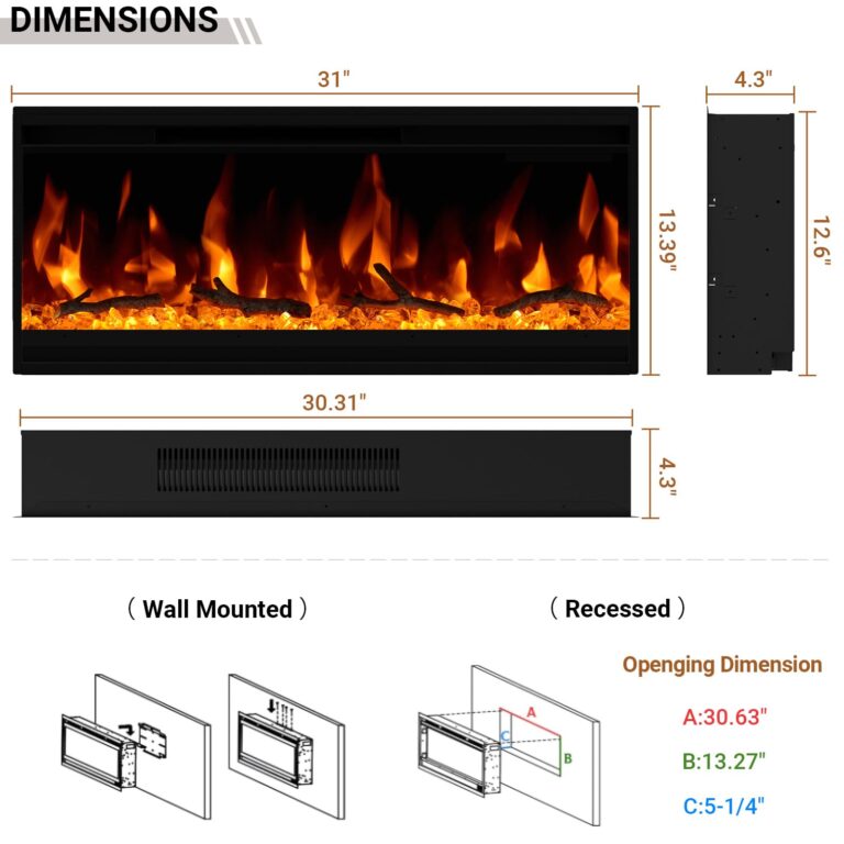 30 inch Electric Fireplace, Ultra-Thin Electric Fireplace Inserts, Ultra-Narrow Frame, Wall Mounted and Recessed Fireplace, Log & Crystal, Touch Screen & Remote Control, 1500W - Image 5