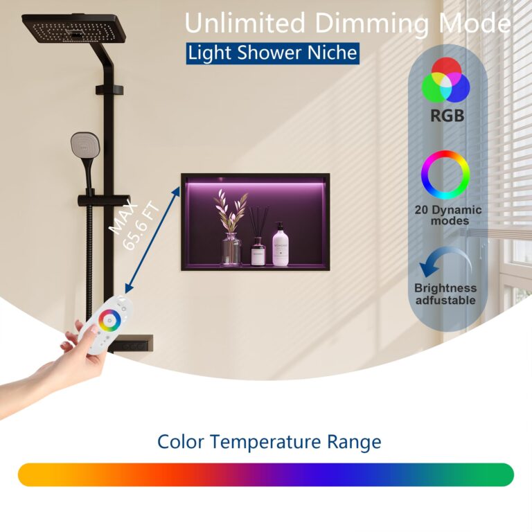 Neohomee RGB LED Light Shower Niche, Matte Black 18X12 in Stainless Steel Wall Niche with Remote Control, Waterproof No Tile Needed Wall Niche for Bathroom Storage Built-in Installation - Image 7