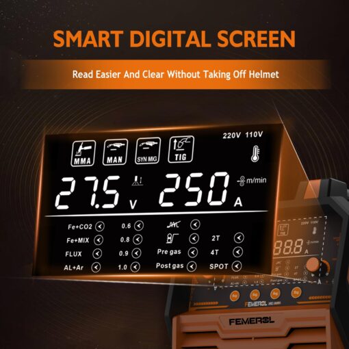 FEMEROL 250A MIG Welder,6 in 1 Gas MIG/Gasless Flux Core/Stick/Lift TIG/Spot Welding/Spool Gun Compatible Aluminum Welding Machine Large LED Display 110V/220V Multi Process Welder - Image 8