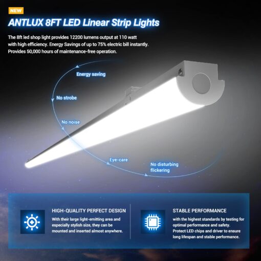 ANTLUX 8FT LED Shop Lights 110W Strip Lights [6-lamp T8 Fluorescent Equiv.], 12000LM, 5000K, Compact Commercial 8 Foot Light Fixtures for Warehouse, Garage, Energy Saving up to 4000W/5 Years, 6 Pack - Image 7