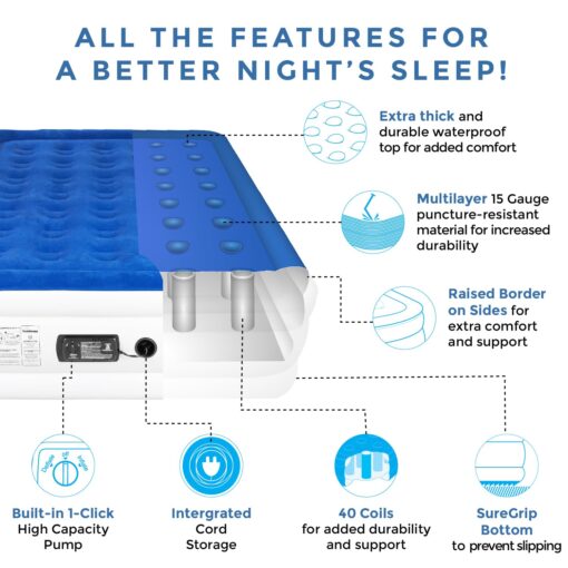SoundAsleep Dream Series Luxury Air Mattress with ComfortCoil Technology & Built-in High Capacity Pump for Home & Camping- Double Height, Adjustable, Inflatable Blow Up, Portable - Full Size - Image 4
