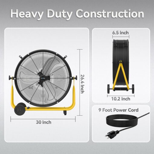 CCGIRU 24" High Velocity Industrial Drum Fan, 8800 CFM 3-Speed Heavy Duty Metal Air Circulator with Casters Handle for Warehouse, Workshops, Garage, Factory and Basement - UL Listed - Image 6