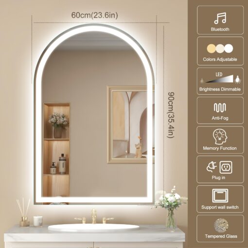 STARLEAD 36"x24" LED-Bathroom-Mirror-with-Lights, Wall-Mounted with Bluetooth Speaker, Anti-Fog, 3 Color Temperature, Dimmable Brightness, Waterproof, Tempered Glass, Frontlit & Backlit, Arched - Image 9