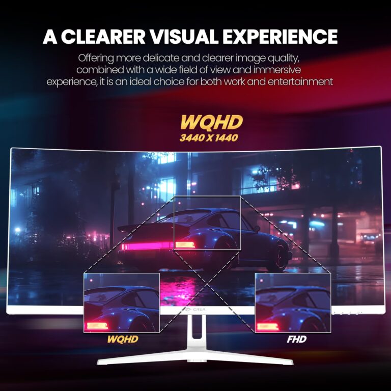 CRUA 34" Curved Gaming Monitor, WQHD 3440x1440, 120Hz Computer Monitors, 1500R VA Screen, 120% sRGB, AMD FreeSync, Blue Light Filter, HDMI 2.0 & DP 1.4, Wall Mountable Installs- White - Image 3