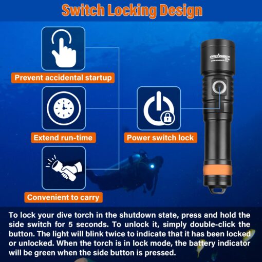 ORCATORCH D710 Scuba Diving Light, 3000 Lumens Super Bright Underwater Flashlight with 6 Degrees Narrow Beam, IP68 Waterproof Night Dive Torch 150 Meters Submersible Light (Black) - Image 5