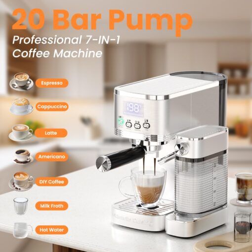 URintells Cuising Espresso Machine 20 Bar Cappuccino Latte Machine with Automatic Milk Frother,Temperature Control LED Display StainlessSteel Dual Heat System Coffee Maker with ESE Pod Filter for Home - Image 3