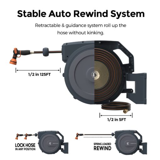 Giraffe Tools Metal Retractable Hose Reel 130 FT Wall Mounted Heavy Duty Hose Reel with 9 Pattern Nozzle 180 Deg Swivel, Metal Bracket Any Length Lock (1/2 130FT PRO, Dark Grey) - Image 3