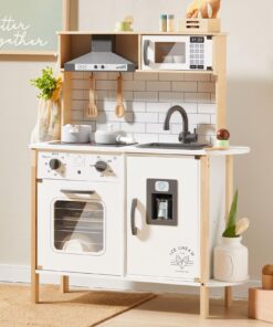 Tiny Land Play Kitchen for Kids, Wooden Kids Play Kitchen Playset Chef Pretend Play Set for Toddlers with Real Lights & Sounds, Toys Kitchen with 18 Pcs Toy Food & Cookware Accessories