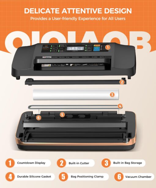 95kpa Vacuum Sealer Machine,Commercial Full Automatic Food Sealer,Powerful Sealing System with Double Heat Seal,Bags Storage, Easy-Lock Handle,Build-in Cutter,1 Bag Rolls and 10 pcs Pre-cut Bags - Image 3