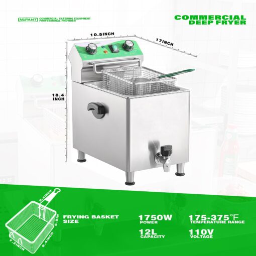 NUPANT Deep Fryer with Basket and Lid Commercial Fryers with Oil Filtration and Timer 12L/12.7QT Electric Countertop Fryer Stainless Steel Single Tank Fryer for Home and Reastaurant Use 110V 1750W - Image 2