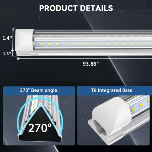 JESLED LED Shop Light 8FT, 100W 6500K Cool White, 15000LM High Output, V Shape, T8 Linkable 8 Foot LED Tube Lights for Garage, Warehouse, Plug and Play, Clear Cover - Image 6