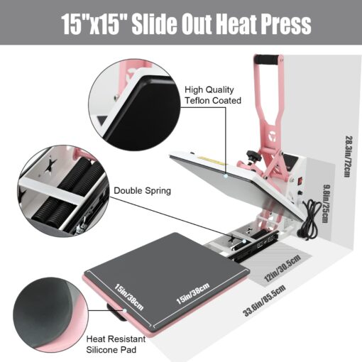 BetterSub Heat Press 15x15 inch Digital Heat Press Machine, Slide Out Industrial Quality T-Shirt Heat Transfer Machine Pink - Image 4