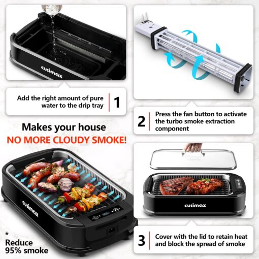 CUSIMAX Indoor Grill, Electric Smokeless Grill, 1500W Korean BBQ Grill, Electric Grill Griddle with LED Smart Display & Tempered Glass Lid, Non-stick Removable Grill Plate & Griddle Plate, Black - Image 4