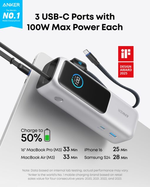 Anker Laptop Power Bank, 25,000mAh Portable Charger with Triple 100W USB-C Ports for Multi-Device Charging, Built-in and Retractable Cables, for iPhone 16/15 Series, MacBook, Samsung, and More - Image 6