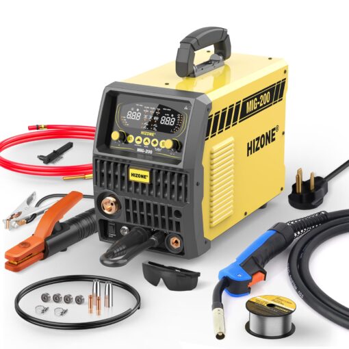 HIZONE 200A MIG Welder, 8 in 1 Aluminum/Copper/Gas MIG/Gasless Flux Core MIG/Stick/Lift TIG/Spot Welding/Spool Gun Compatible Welding Machine, Large LED Display, 120V/240V Multi Process Welder
