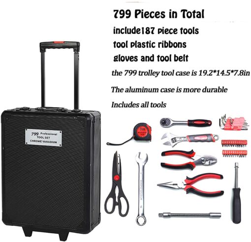 Arcwares 799pcs Aluminum Trolley Case Tool Set Silver, House Repair Kit Set, Household Hand Tool Set, with Tool Belt,Gift on Father's Day (Black) - Image 3