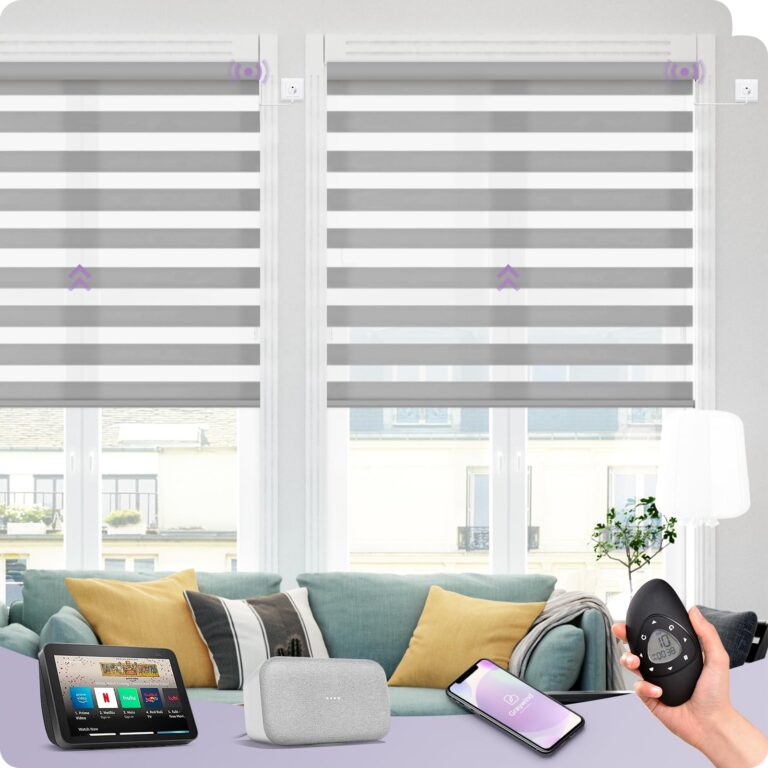 Graywind Motorized Horizontal Zebra Blinds Compatible with Alexa Google WiFi Smart Home Hardwired Plug-in Shades Light Filtering Electric Window Blind, Customized Size (Wool-Like Light Grey)