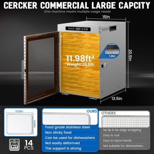 Cercker Commercial Food-Dehydrator Machine 14 Trays, 1200W Fruit Dehydrator,11.98ft² Meat Dryer for Jerky,190ºF Temperature Control,24H Large Food Dryer for Beef - Image 6