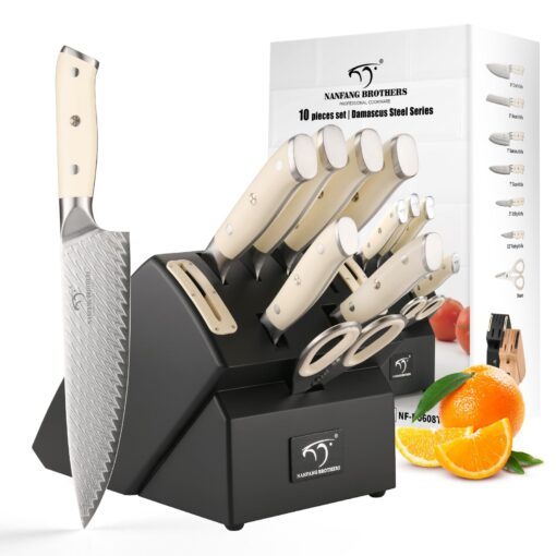 NANFANG BROTHERS Knife Sets 10 Pieces for Kitchen with Block, Damascus Kitchen Knife Set with Block, ABS Ergonomic Handle for Chef Knife Set and Kitchen Shear - Image 5