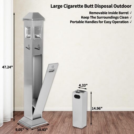 lukar Commercial Butt Receptacle Outdoor Metal Trash Can Heavy Duty Standing Ash Bin for Patios Gardens Hotels Pubs Offices (Silver) - Image 5