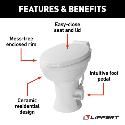 Lippert Flow Max RV Toilet with Elongated Ceramic Bowl, 18" Standard Profile, Full-Size Residential Seat, Easy-Close Lid, Efficient Flush - 2022113192 - Image 6
