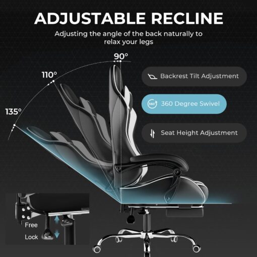 GTPLAYER Gaming Chair, Computer Chair with Footrest and Lumbar Support, Height Adjustable Game Chair with 360°-Swivel Seat and Headrest and for Office or Gaming (White) - Image 5