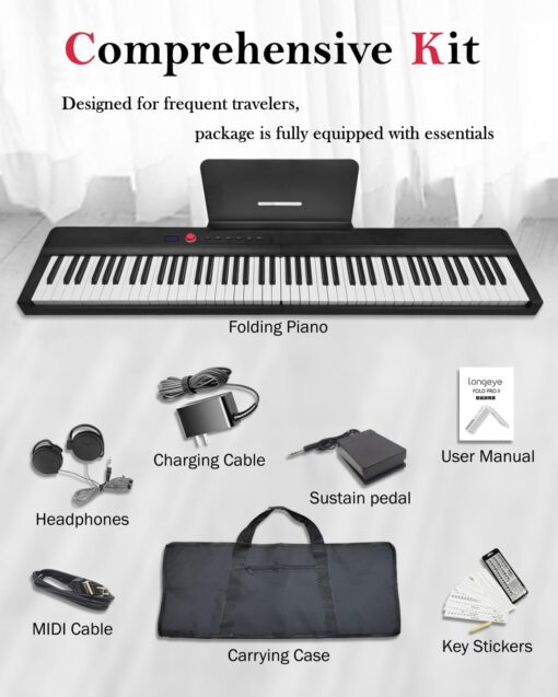 Longeye Foldable Piano Keyboard 88 Key Folding Piano Portable Electric Keyboard Semi Weighted Digital Piano for Beginners with Headphone, Sustain Pedal, Music Rest, Carry Case (Enhanced Sound) - Image 5