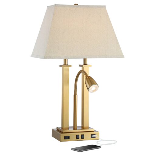 Possini Euro Design Deacon Modern Desk Table Lamp with USB and AC Power Outlet in Base LED Gooseneck 26" High Antique Brass Oatmeal Linen Drum Shade for Living Room Bedroom Bedside Nightstand - Image 9