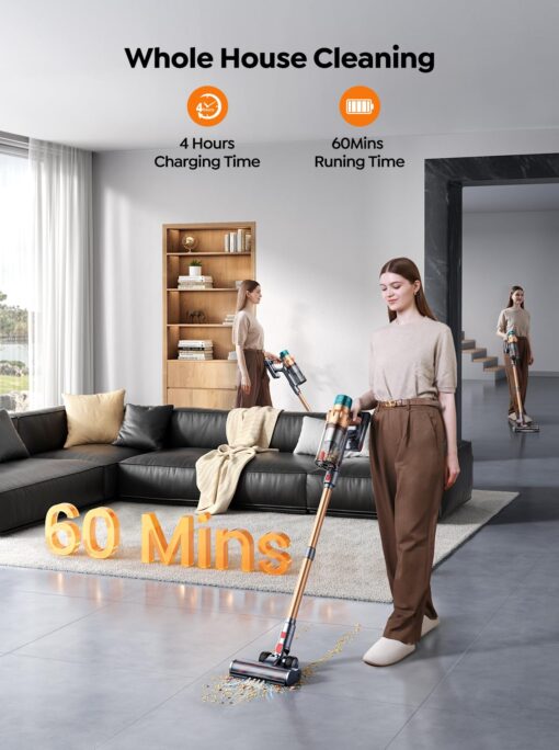 Cordless Vacuum Cleaner, 550W 45KPA 60 Mins Runtime Self-Standing Vacuum Cleaners for Home, Stick Vacuum with Charging Dock Station Removable Battery, Handheld Vacuum for Pet Hair/Carpet/Floor - Image 7
