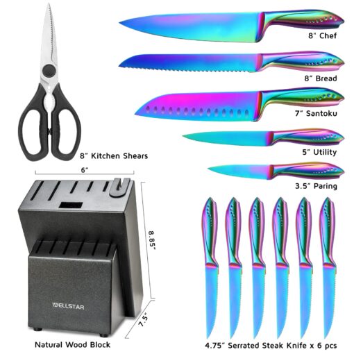 WELLSTAR Rainbow Knife Set 14 Pieces, Iridescent German Stainless Steel Kitchen Knives Set with Wooden Block, Colorful Titanium Coating, Chef’s Knife Block Set with Scissors and Built-in Sharpener - Image 6