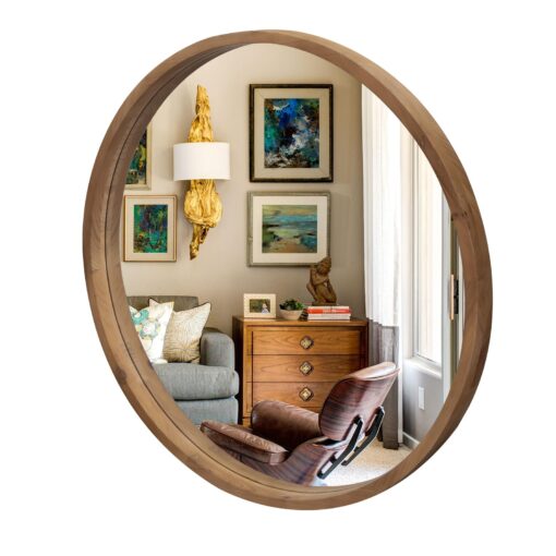 GIFTTROVE 36" Bathroom Mirror, Round Wall Mirror with Wood Frame, Farmhouse Mirror for Wall Decor, Wall-Mounted Mirror for Bedroom, Living Room, Brown
