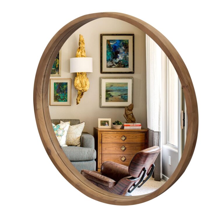 GIFTTROVE 36" Bathroom Mirror, Round Wall Mirror with Wood Frame, Farmhouse Mirror for Wall Decor, Wall-Mounted Mirror for Bedroom, Living Room, Brown