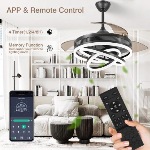TXCSLY Retractable Ceiling Fan, 42 Inch Chandelier Ceiling Fan with Light, Modern Fandelier Ceiling Fan for Bedroom Living Room Dinning Room, Reverse Motor, 3 Color Temperature, 6 Wind Speed, Black - Image 3