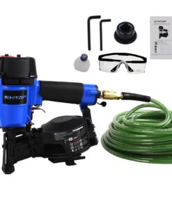 BHTOP CN45N Roofing Nailer with 100Ft Air Hose, 15 Degree Roofing Nail Gun, 3/4-Inch to 1-3/4-Inch Coil Nails, 120-pcs Load Capacity Coil Nailer in Blue