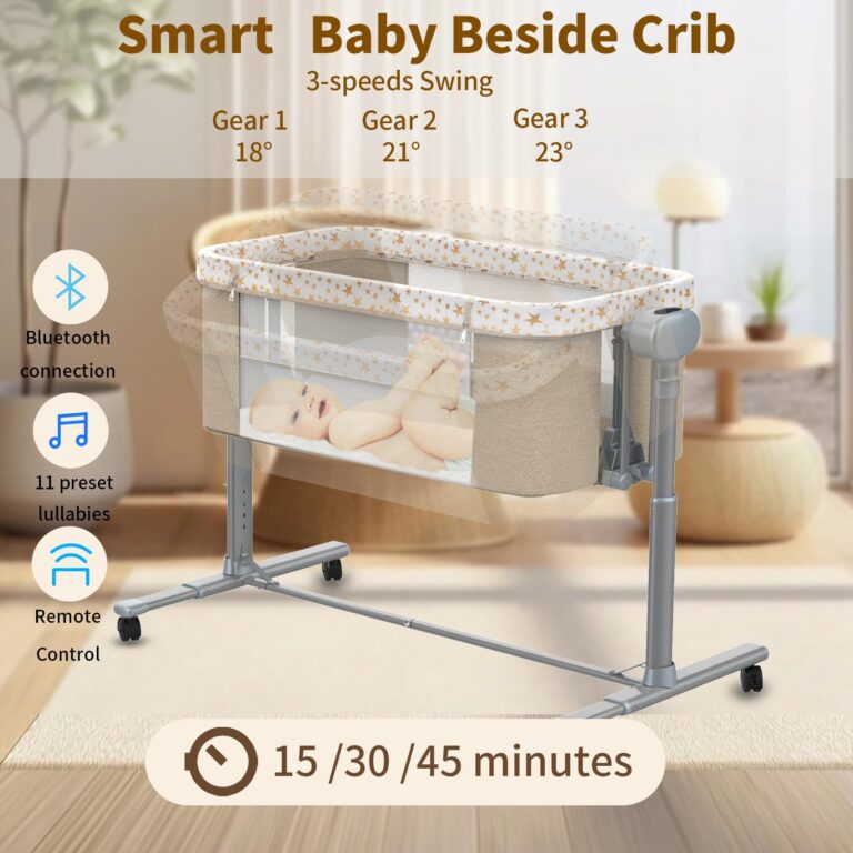 Electric Rocking Bassinet for Baby, 6 and 1 Baby Bedside Bassinets with Remote Control, Portable Bassinets Bedside Sleeper for Newborn with 3-Speed Swings, Baby Crib in Bed with Wheels(Khaki) - Image 4