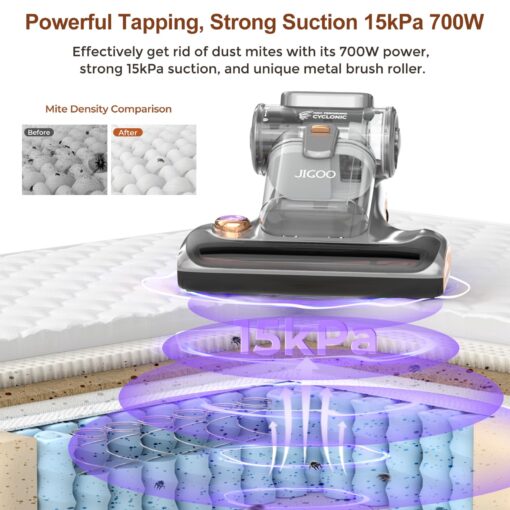 JIGOO T600 Bed Vacuum Cleaner with UV-C Light, 15Kpa Suction 700W Powerful Double Cup Handheld Vacuums, Mattress Vacuum Cleaner with Smart Dust Sensor, Ultrasonic & Heating Tech, HEPA Filter - Corded - Image 8