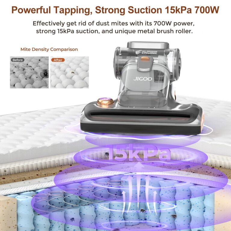 JIGOO T600 Bed Vacuum Cleaner with UV-C Light, 15Kpa Suction 700W Powerful Double Cup Handheld Vacuums, Mattress Vacuum Cleaner with Smart Dust Sensor, Ultrasonic & Heating Tech, HEPA Filter - Corded - Image 8