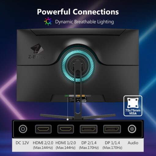Z-Edge 32 inch Curved Gaming Monitor, 16:9 QHD 2K 2560x1440 170/144Hz 1ms Frameless LED Gaming Monitor, AMD Freesync Premium Display Port HDMI - Image 2