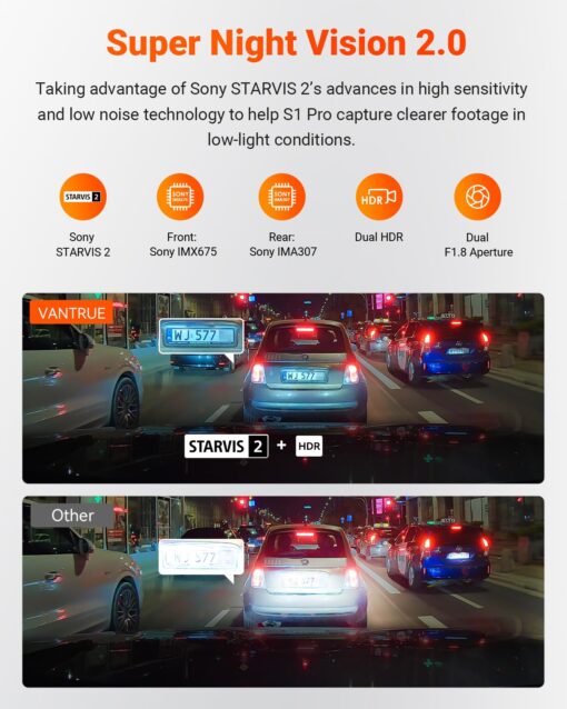 Vantrue S1 Pro 2.7K Dual Dash Cam Front and Rear, 5G WiFi 60FPS Hidden Dash Camera w/HDR Night Vision, STARVIS 2, Optional Remote Live View, GPS, Voice Control, 24/7 Parking Mode, Support 512GB Max - Image 8