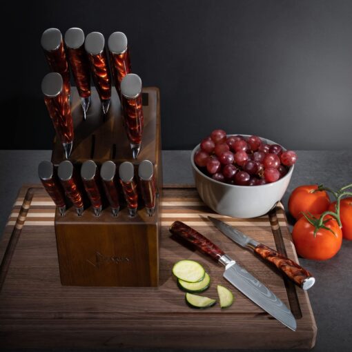 SENKEN 16-Piece Natural Acacia Wood Kitchen Knife Block Set - Japanese Chef's Knife Set with Laser Damascus Pattern, Includes Steak Knives, Kitchen Shears, Santoku, Cleaver & More (Red Resin Handles) - Image 3