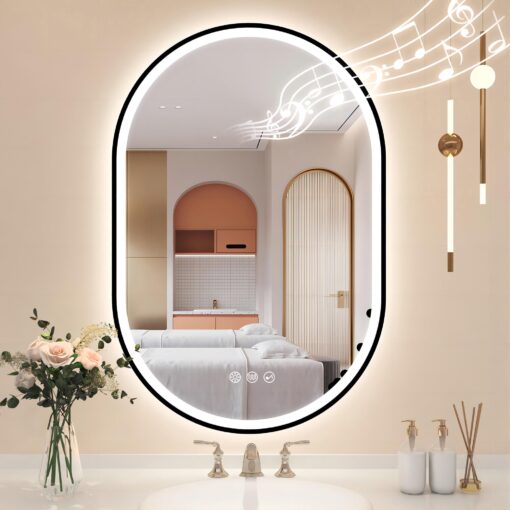STARLEAD 24"x36" LED-Bathroom-Mirror-with-Lights, Wall-Mounted with Bluetooth, Anti-Fog, 3 Color Temperature Dimmable Brightness, Waterproof, Tempered Glass, Frontlit & Backlit, Black Frameless Oval