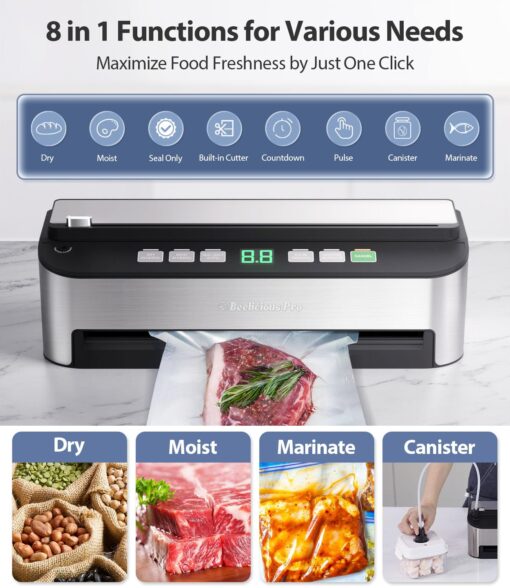 Vacuum Sealer Machine, Beelicious 85KPA Fully Automatic 8-IN-1 Food Sealer with Bags Storage, Build-in Cutter, Moist Mode and Air Suction Hose | Digital Countdown | Sous Vide - Image 7