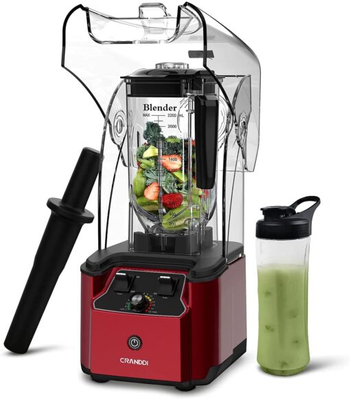 CRANDDI Quiet Commercial Blender with Soundproof Shield, 2200 Watt Professional Blenders for Kitchen with 80oz Pitcher and Self-Cleaning, High-Speed Blenders K90 Red