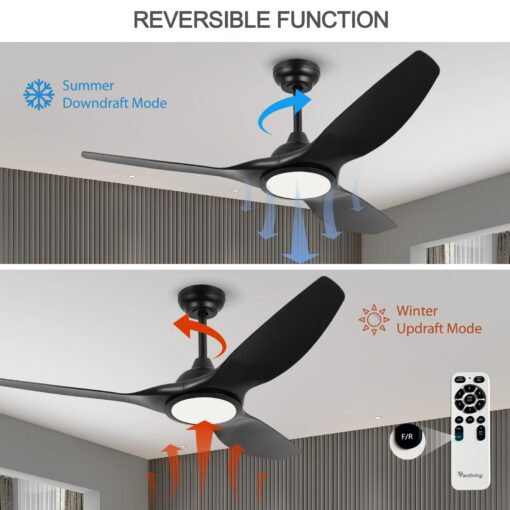 Fanliving 52 Inch 6 Speed High CFM Quiet DC Motor Modern Ceiling Fan with Lights Remote Control, Indoor 3 Blade Black Ceiling Fan for Bedroom Living Room - Image 2