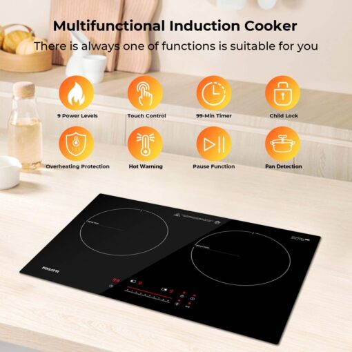 FOGATTI Double Induction Cooktop, Electric Induction Stove for RV, Built-in Countertop Burner with Touch Sensors, 9-Level Power, Pan Detection, 0-99 Min Timer, Child Lock, Shared 1800W - Image 8