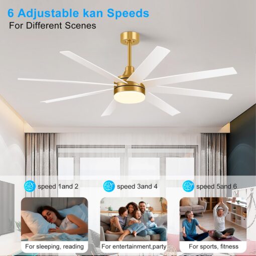 Breezary 65 Inch Ceiling Fan with Light and Remote, 8-Blade, Reversible DC Motor, 6-Speed, Timer, Industrial Ceiling Fans with Led Light Chandelier for Bedroom Office (Gold & White) - Image 6
